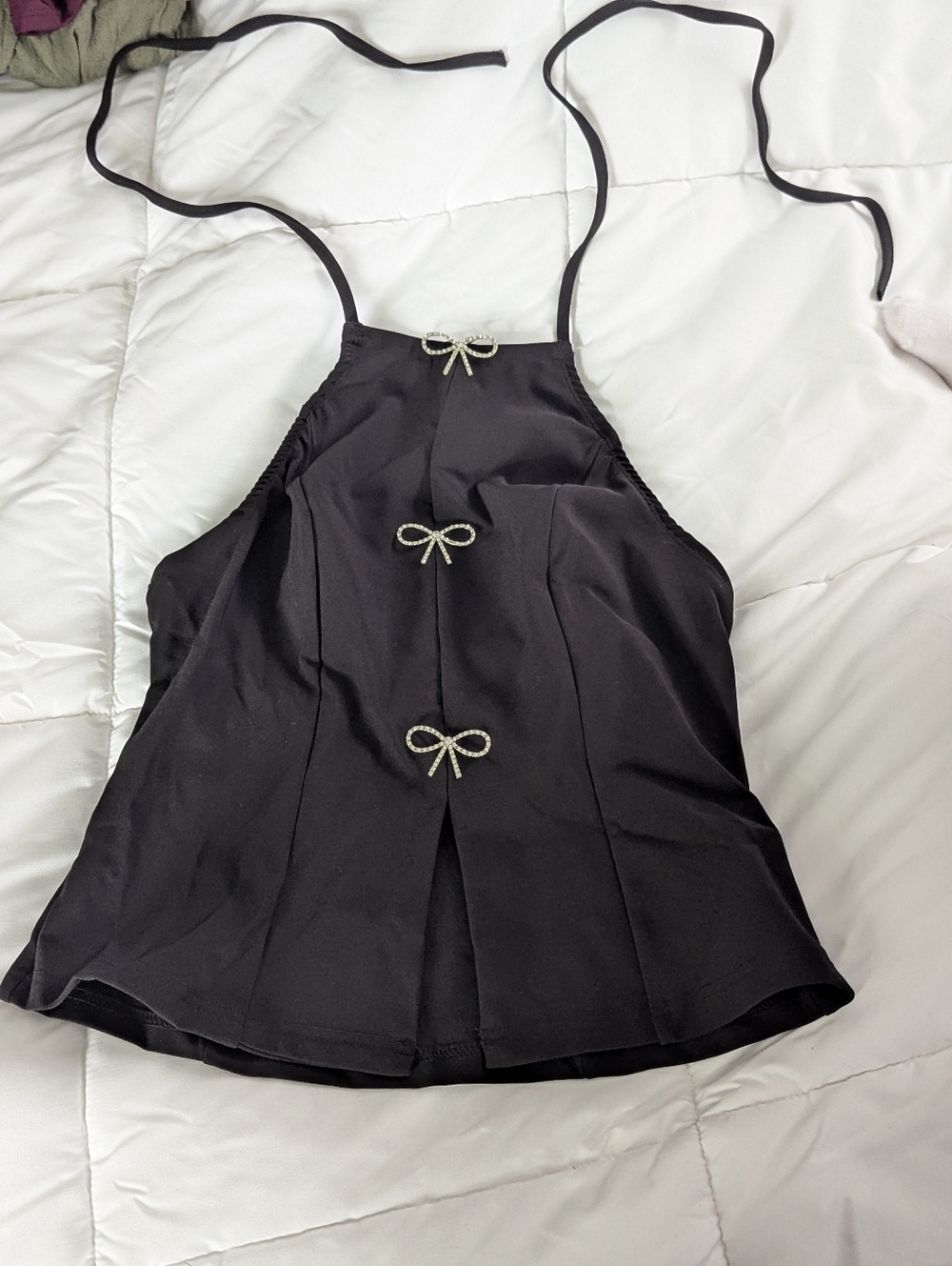 Black Halter Tank Top with Bow Accent
